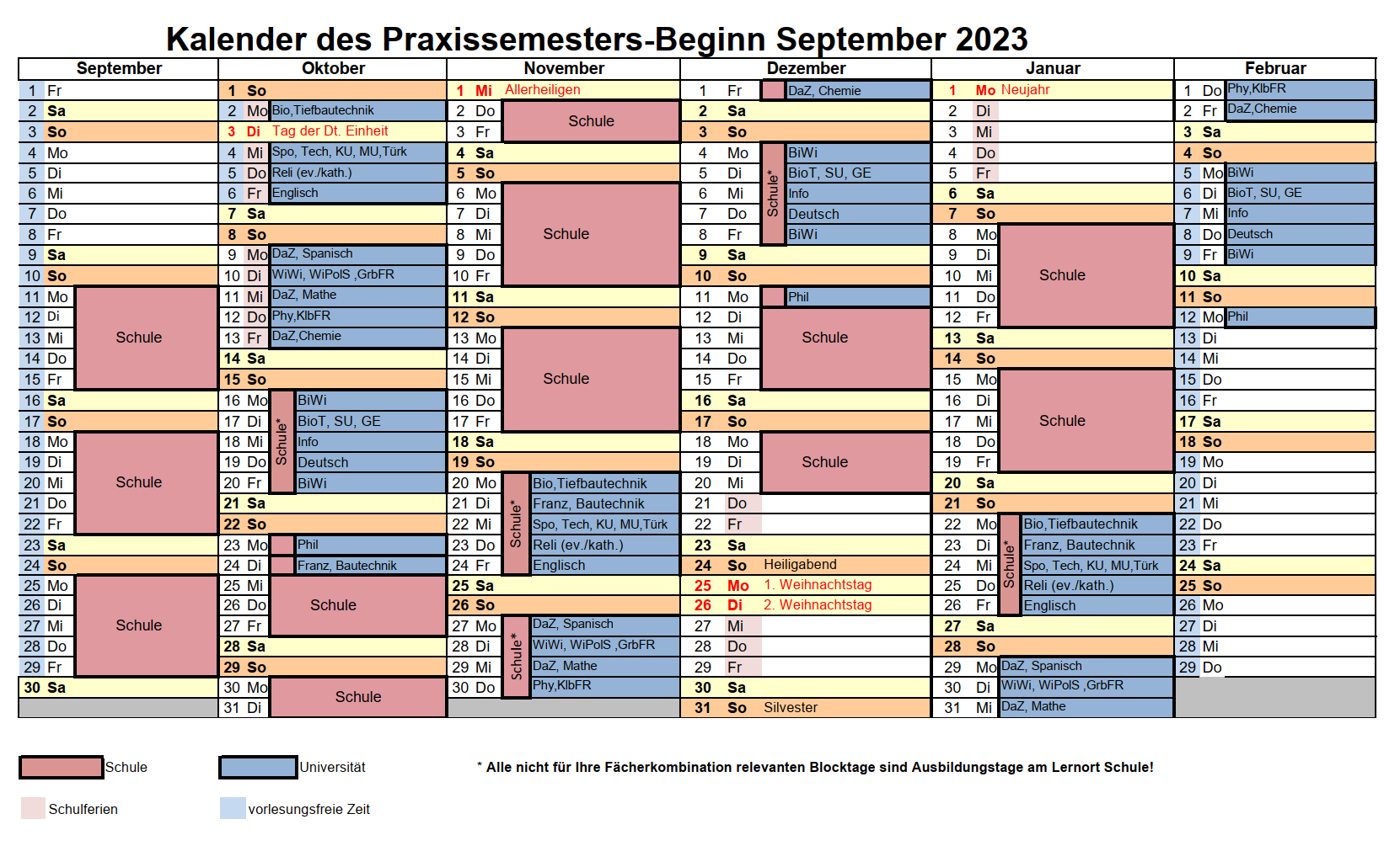 Bild des Kalenders des Praxissemesters-Beginn September 2023