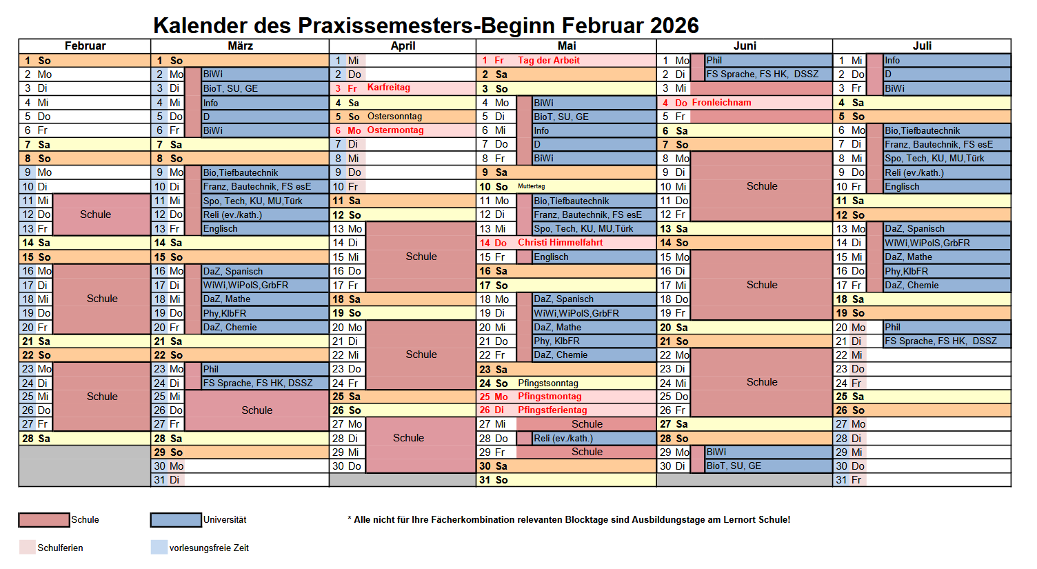 Bild des Kalenders Praxissemester Februar 2026