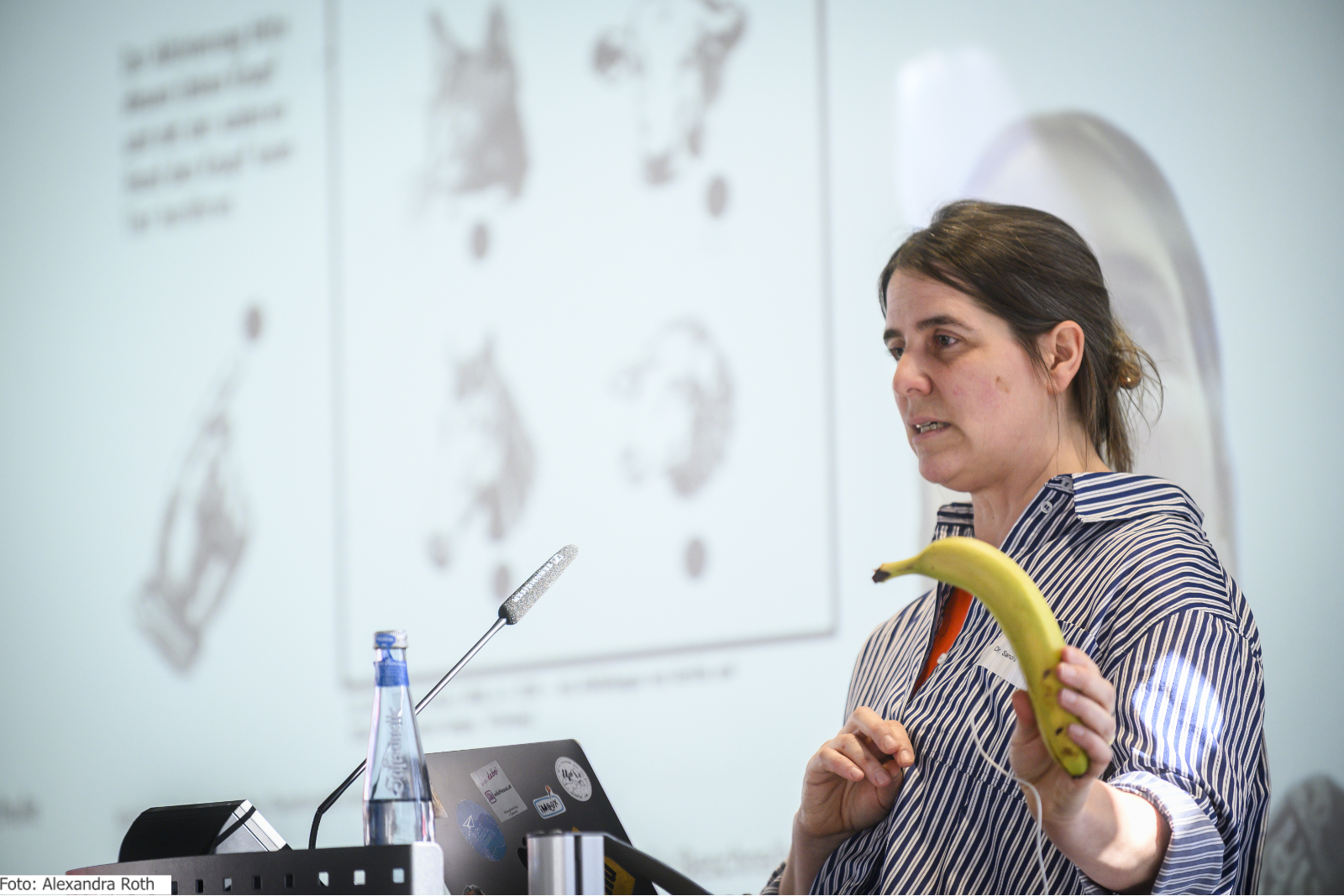 Dr. Sandra Schön referiert bei der Tagung und hält eine Banane als Teil des Making Kits hoch.