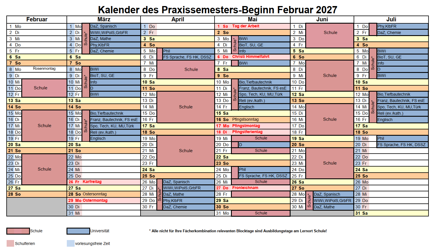 Kalender des Praxissemesters-Beginn Februar 2027